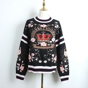 Elegant Black Floral Sweater with Crown Design